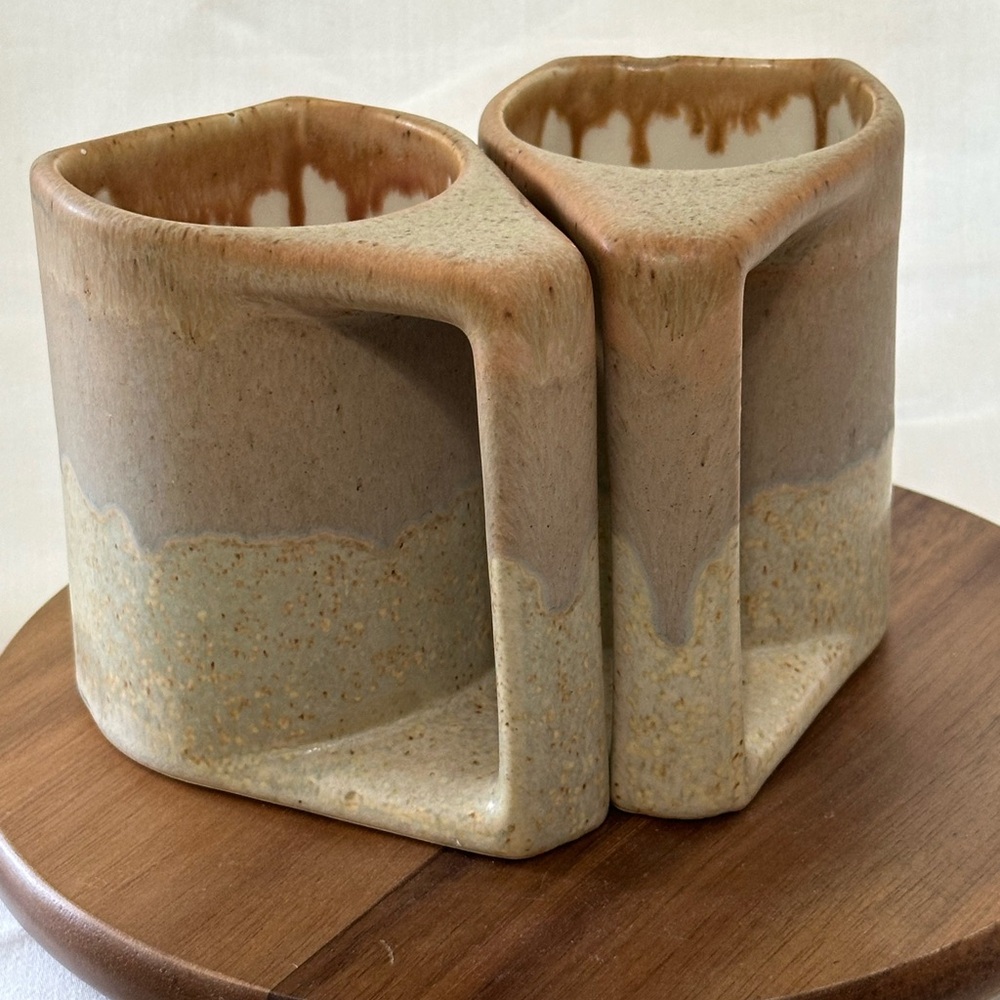 Rustic Glazed Ceramic Pottery Mug Duo geometric design unique drip glaze